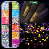 1Box New manicure night light sequins butterfly love pentagram sequins long strip 12 grid boxed ultra-thin luminous sequins mixed nail accessories