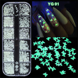 1Box New manicure night light sequins butterfly love pentagram sequins long strip 12 grid boxed ultra-thin luminous sequins mixed nail accessories