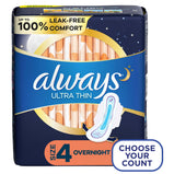 Always Ultra Thin Pads Overnight Absorbency Unscented with Wings;  Size 4, 50 Count