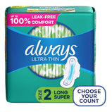 Always Ultra Thin Pads Unscented with Wings Long Absorbency;  Size 2 58 Ct