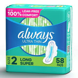 Always Ultra Thin Pads Unscented with Wings Long Absorbency;  Size 2 58 Ct